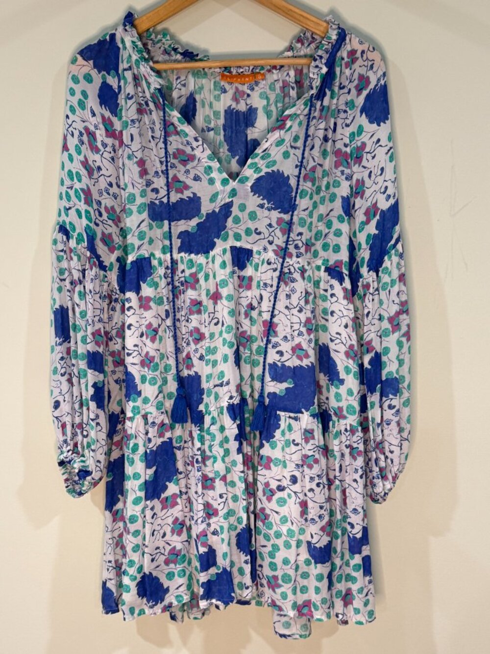 Oliphant- Tuckernuck-- Boutique- Blue Green Floral Tiered Boho Mini Dress- Small